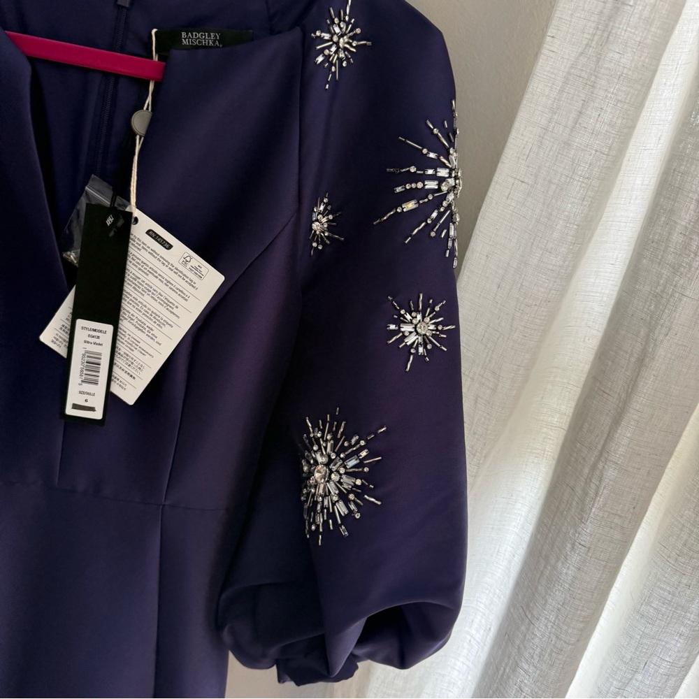 Badgley Mischka Deep Purple Beaded Puff-Sleeve Maxi Dress - Picture 5 of 6
